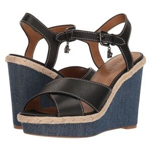Coach Eaton Black Leather Denim Strappy Wedge 9.5